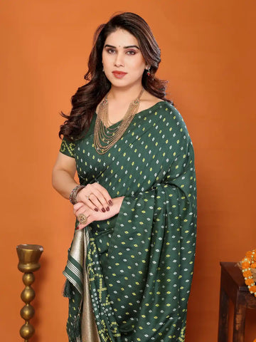Dark Green Cotton Silk Bandhani Saree