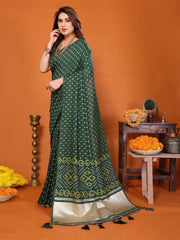 Dark Green Cotton Silk Bandhani Saree