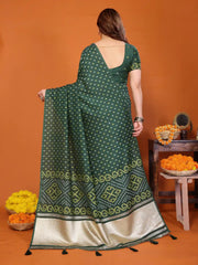 Dark Green Cotton Silk Bandhani Saree