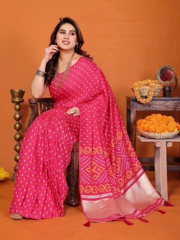 Rani Pink Cotton Silk Bandhani Saree
