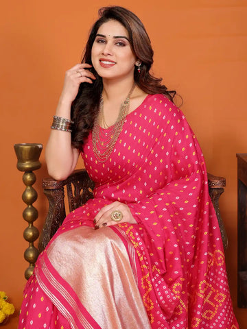 Rani Pink Cotton Silk Bandhani Saree
