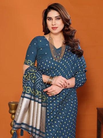 Blue Cotton Silk Bandhani Saree