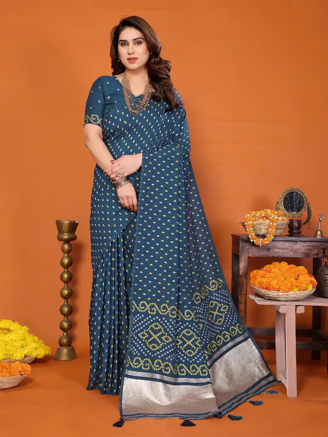 Blue Cotton Silk Bandhani Saree