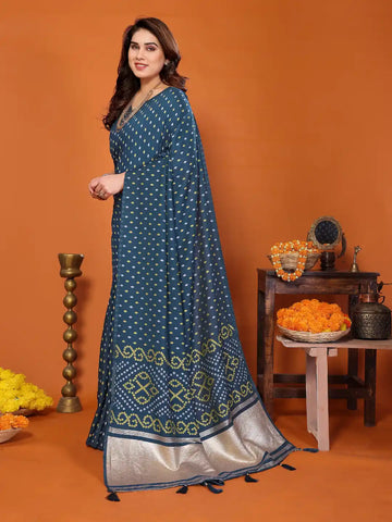 Blue Cotton Silk Bandhani Saree