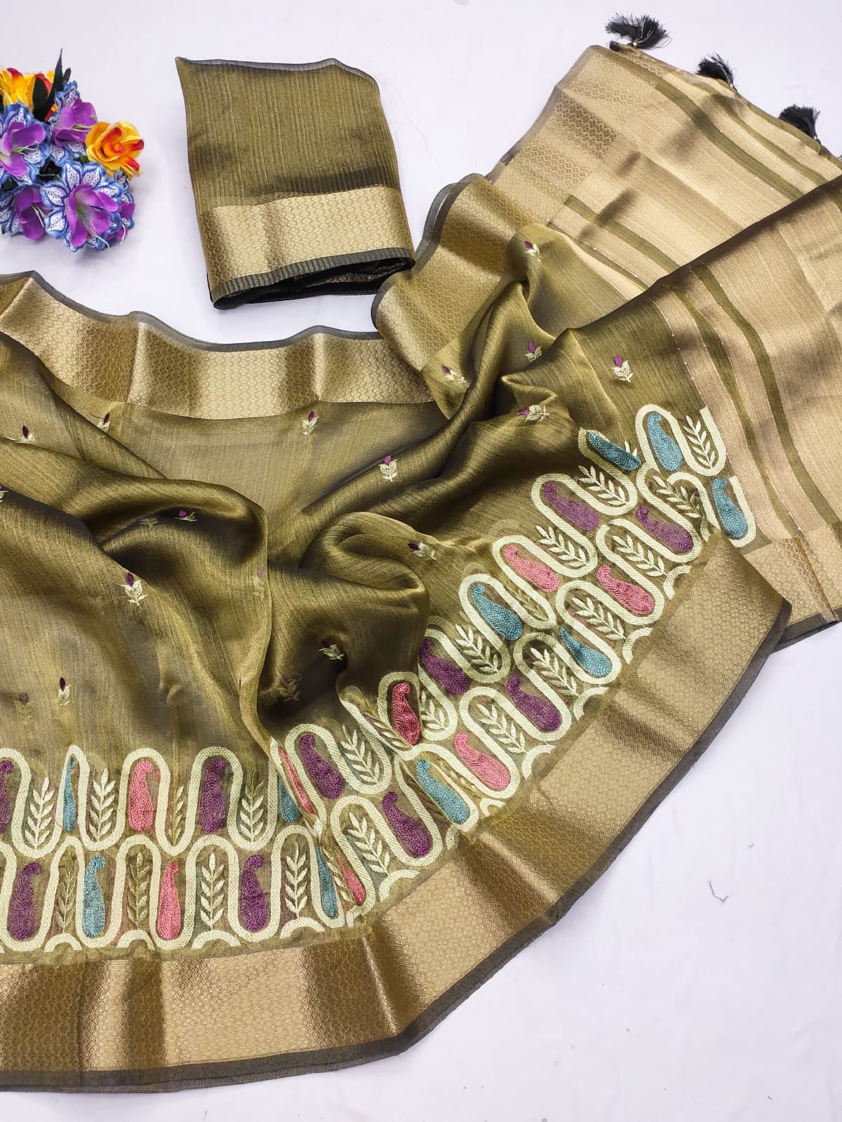 Mehendi Green Cotton Khadi Silk Saree with Sequence Work