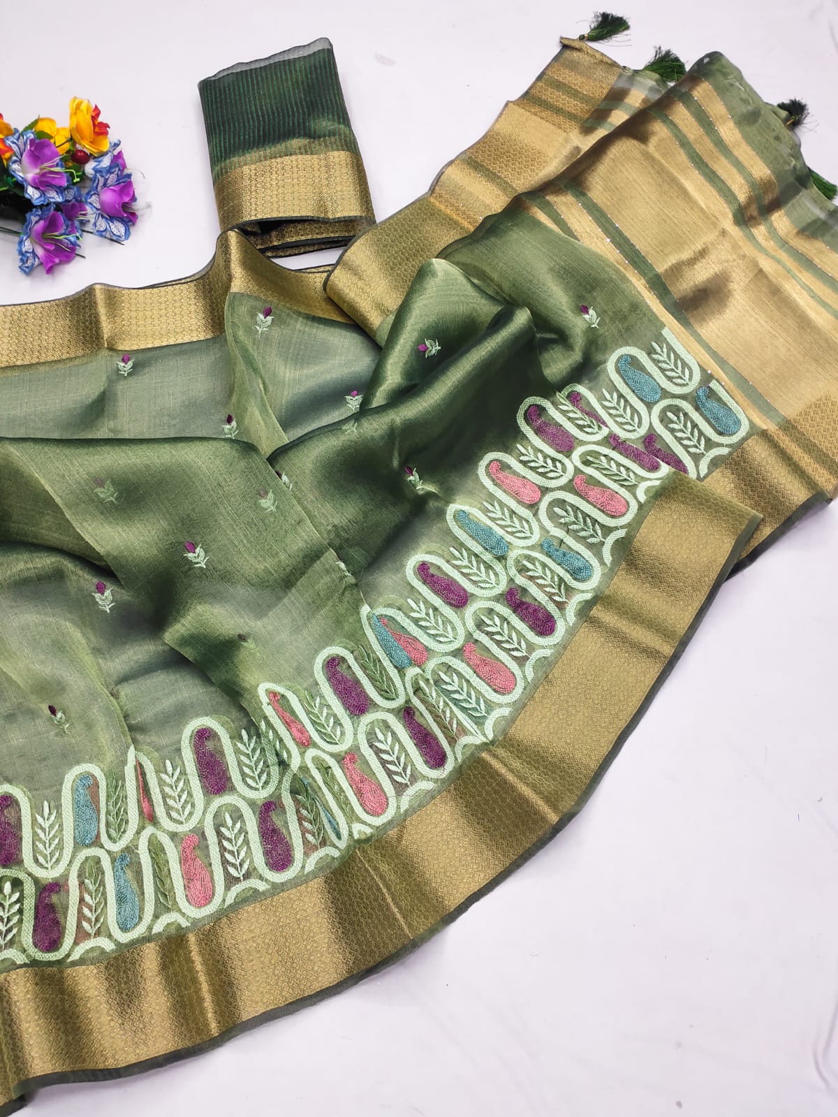 Green Cotton Khadi Silk Saree with Sequence Work