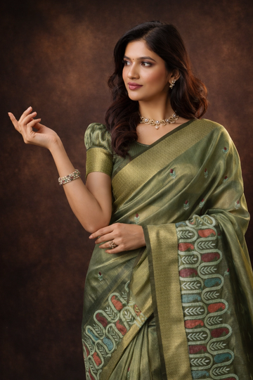 Green Cotton Khadi Silk Saree
