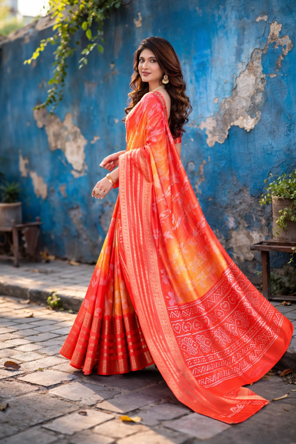 Red and Orange Dola Silk Bandhani Printed Saree