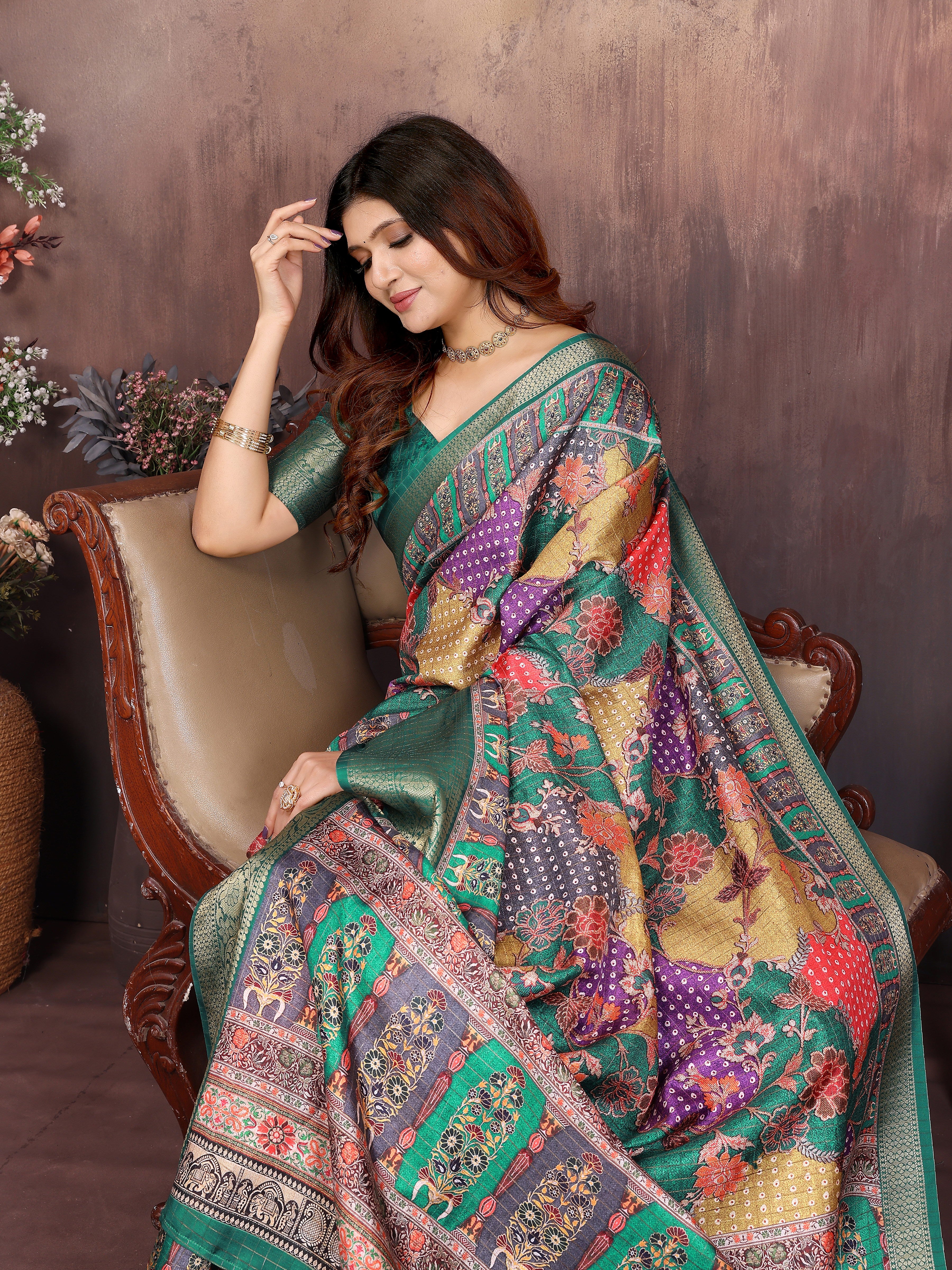 Green Dola jacquard with Rajasthani jhalak Digital Print Saree