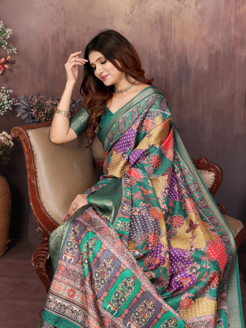 Green Dola jacquard with Rajasthani jhalak Digital Print Saree Main image