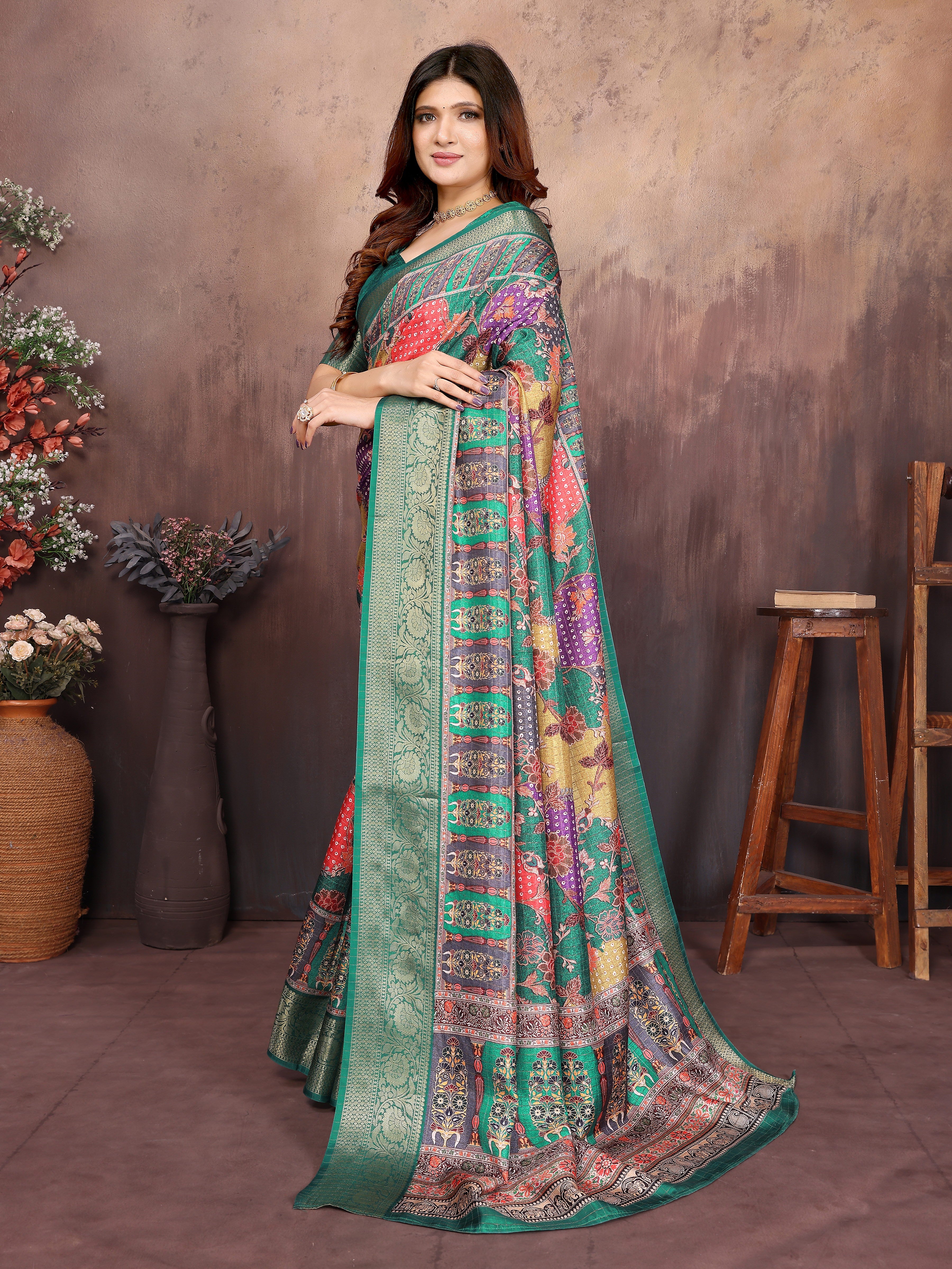 Green Dola jacquard with Rajasthani jhalak Digital Print Saree