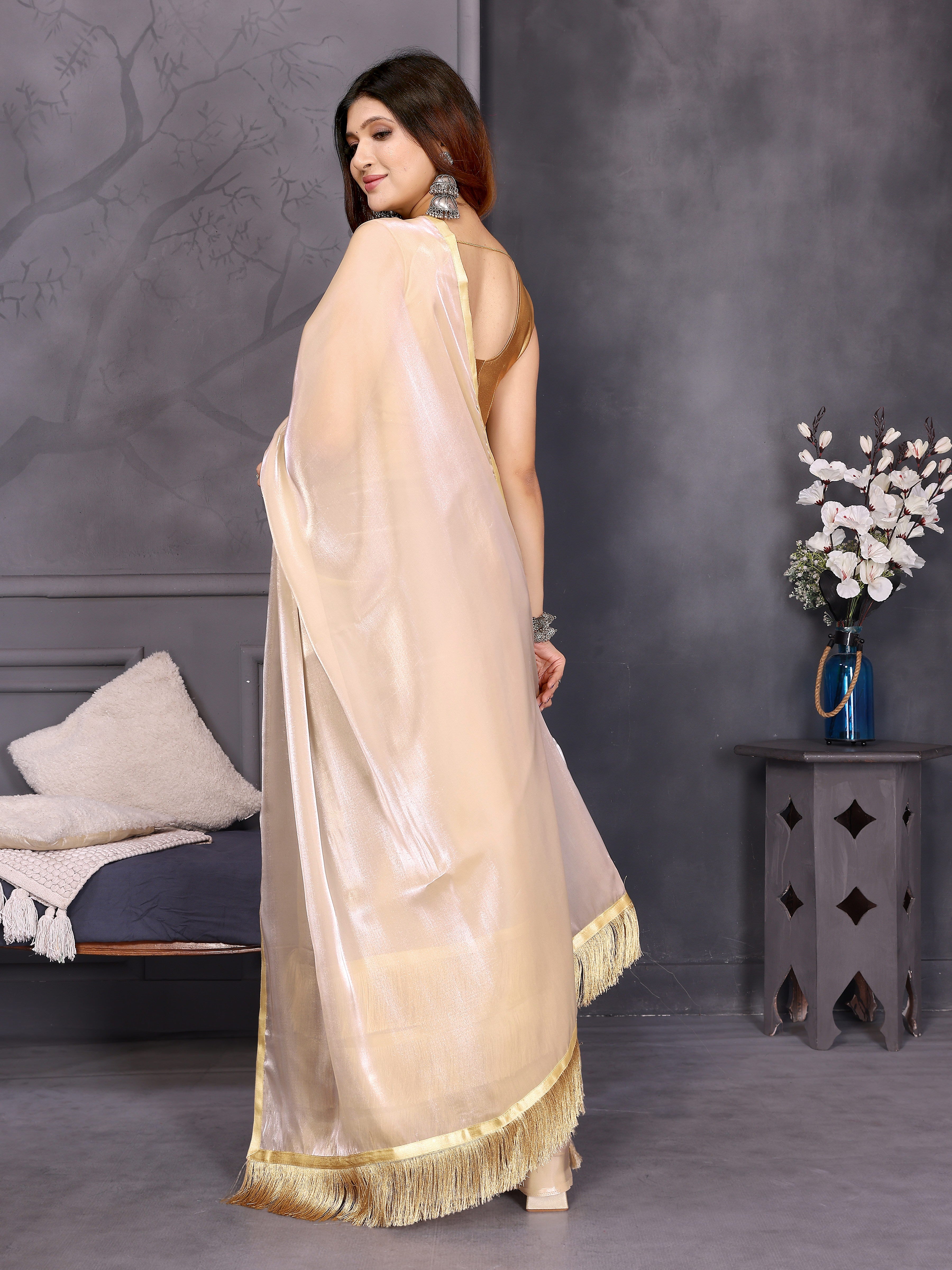 Cream Satin Silk Resha Latkan Designer Saree
