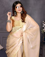 Cream Satin Silk Resha Latkan Designer Saree