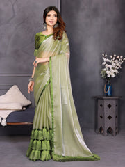 Green Satin Silk Resha Latkan Designer Saree