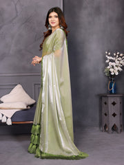 Green Satin Silk Resha Latkan Designer Saree