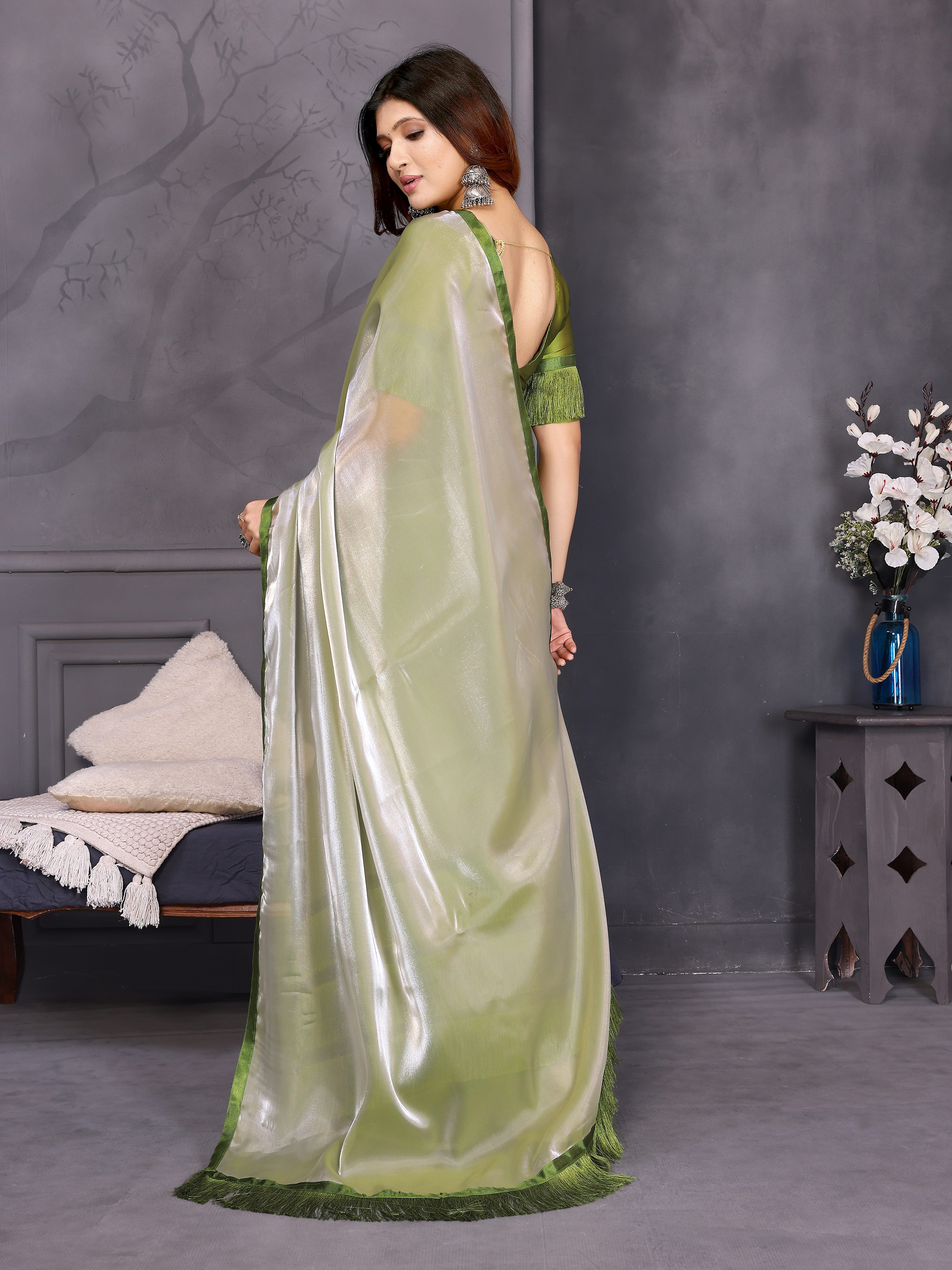 Green Satin Silk Resha Latkan Designer Saree