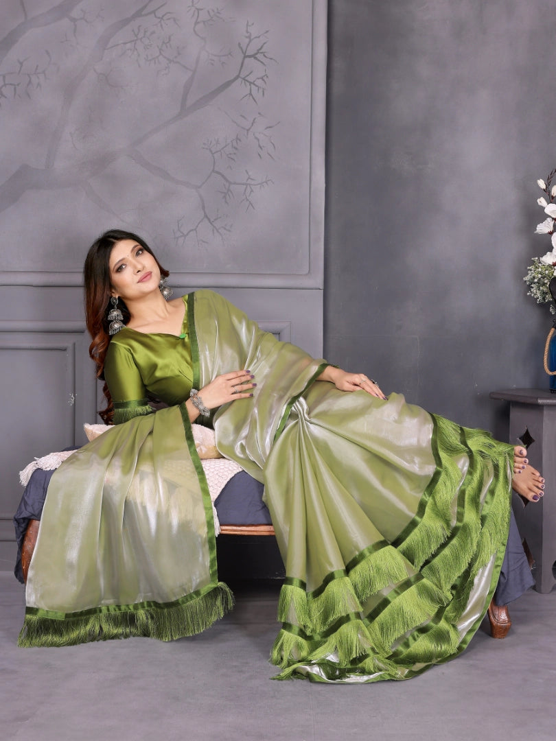 Green Satin Silk Resha Latkan Designer Saree Main image