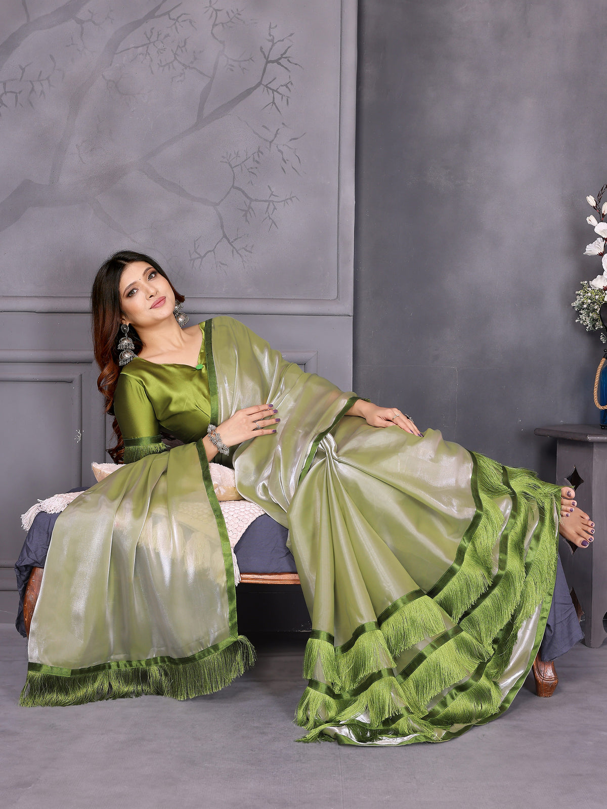 Green Satin Silk Resha Latkan Designer Saree
