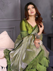 Green Satin Silk Resha Latkan Designer Saree