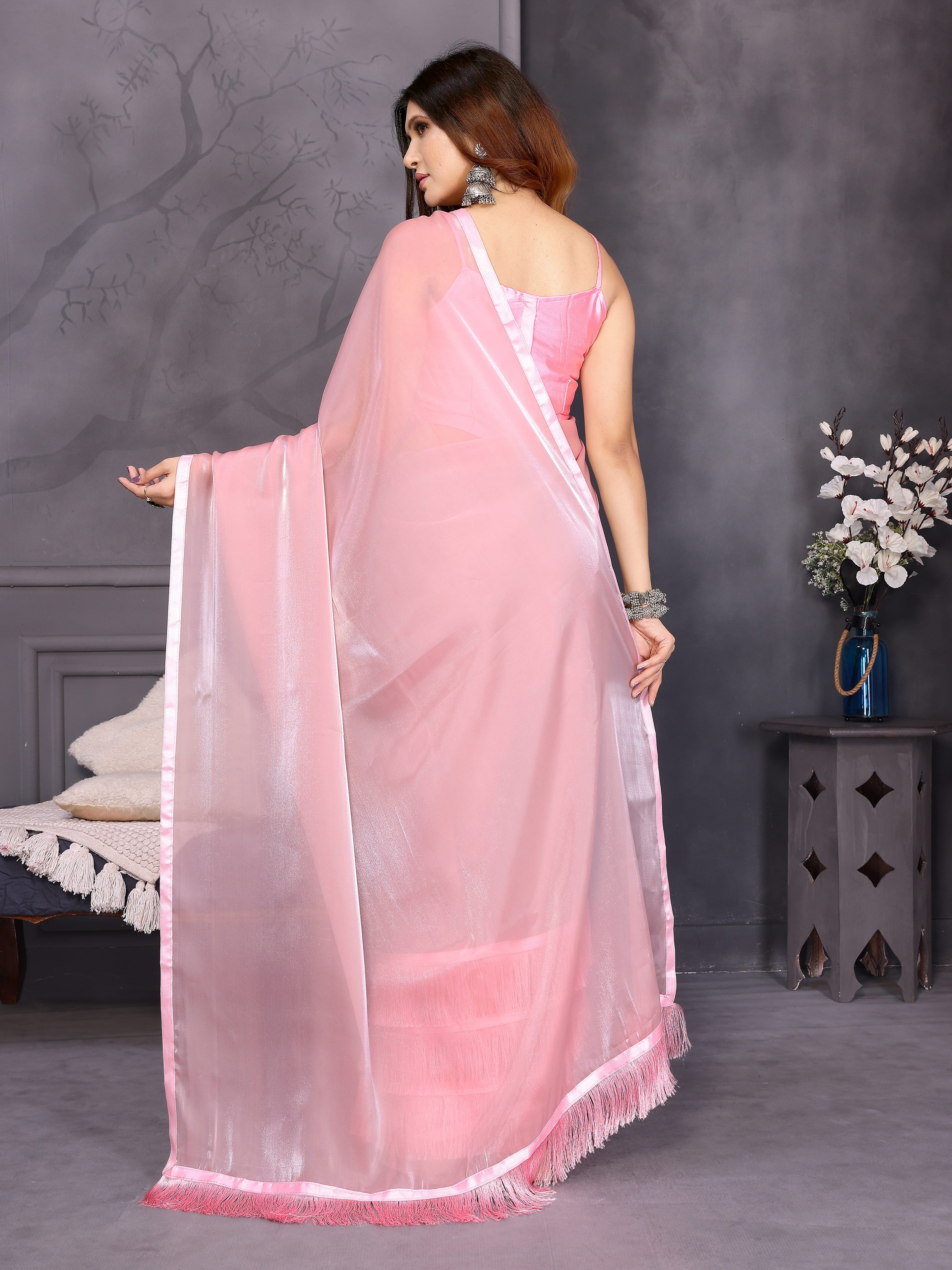 Pink Satin Silk Resha Latkan Designer Saree