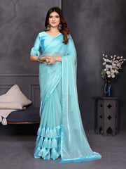 Sky Blue Satin Silk Resha Latkan Designer Saree