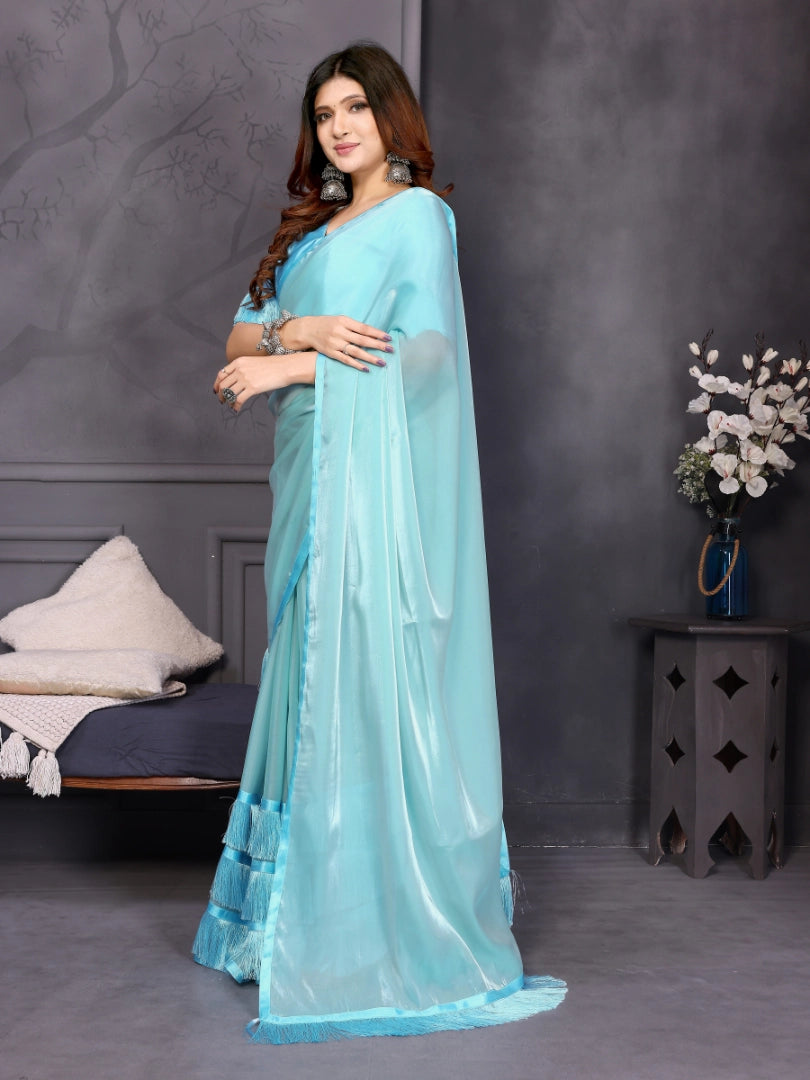 Sky Blue Satin Silk Resha Latkan Designer Saree