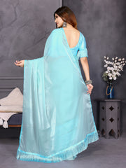 Sky Blue Satin Silk Resha Latkan Designer Saree