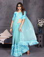 Sky Blue Satin Silk Resha Latkan Designer Saree