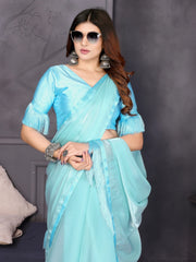 Sky Blue Satin Silk Resha Latkan Designer Saree