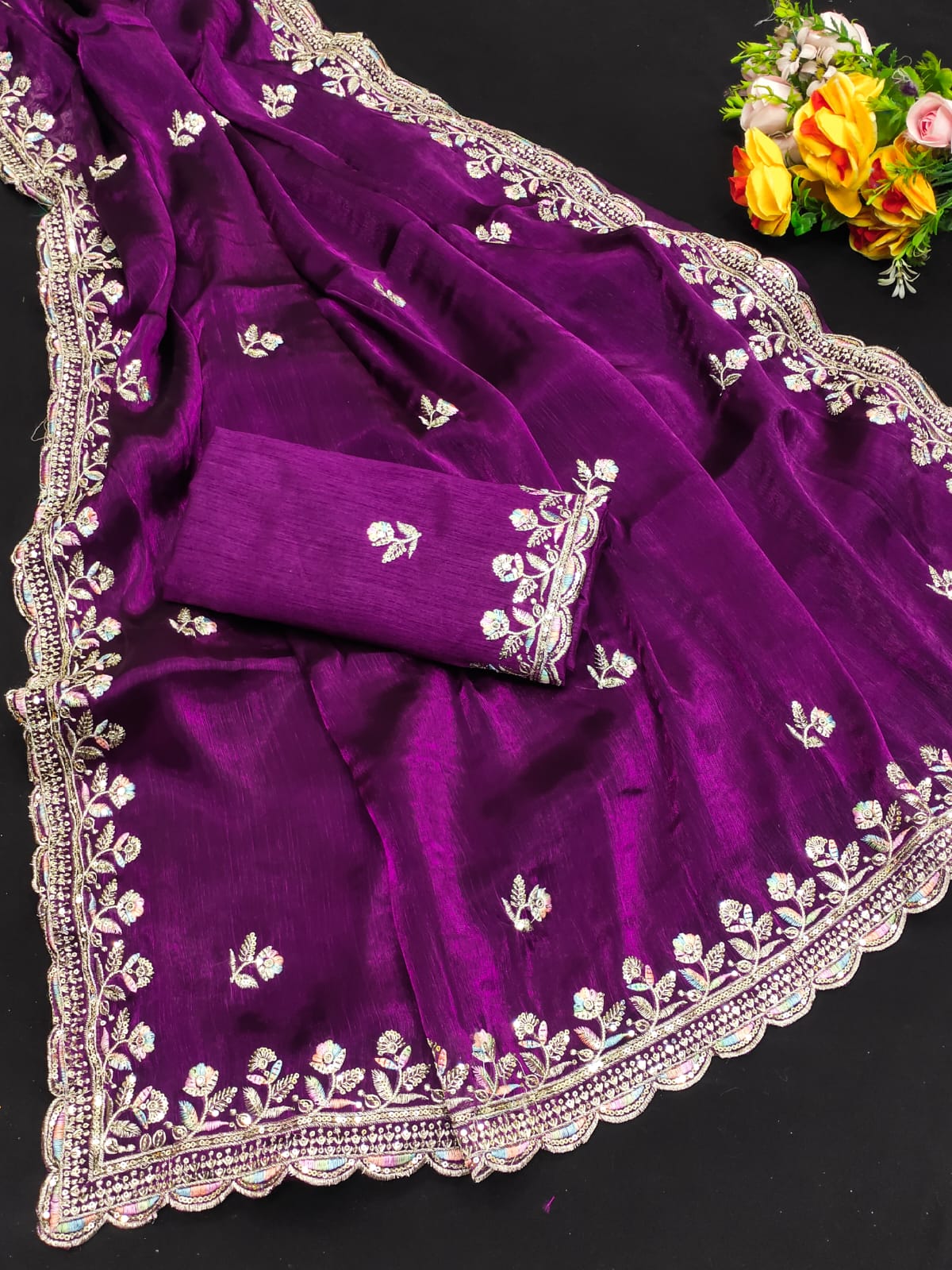 Purple Jimmy Choo Silk Saree With Multi Colour Embroidery Work