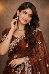 Deep Maroon Satin Silk Embroidered Saree