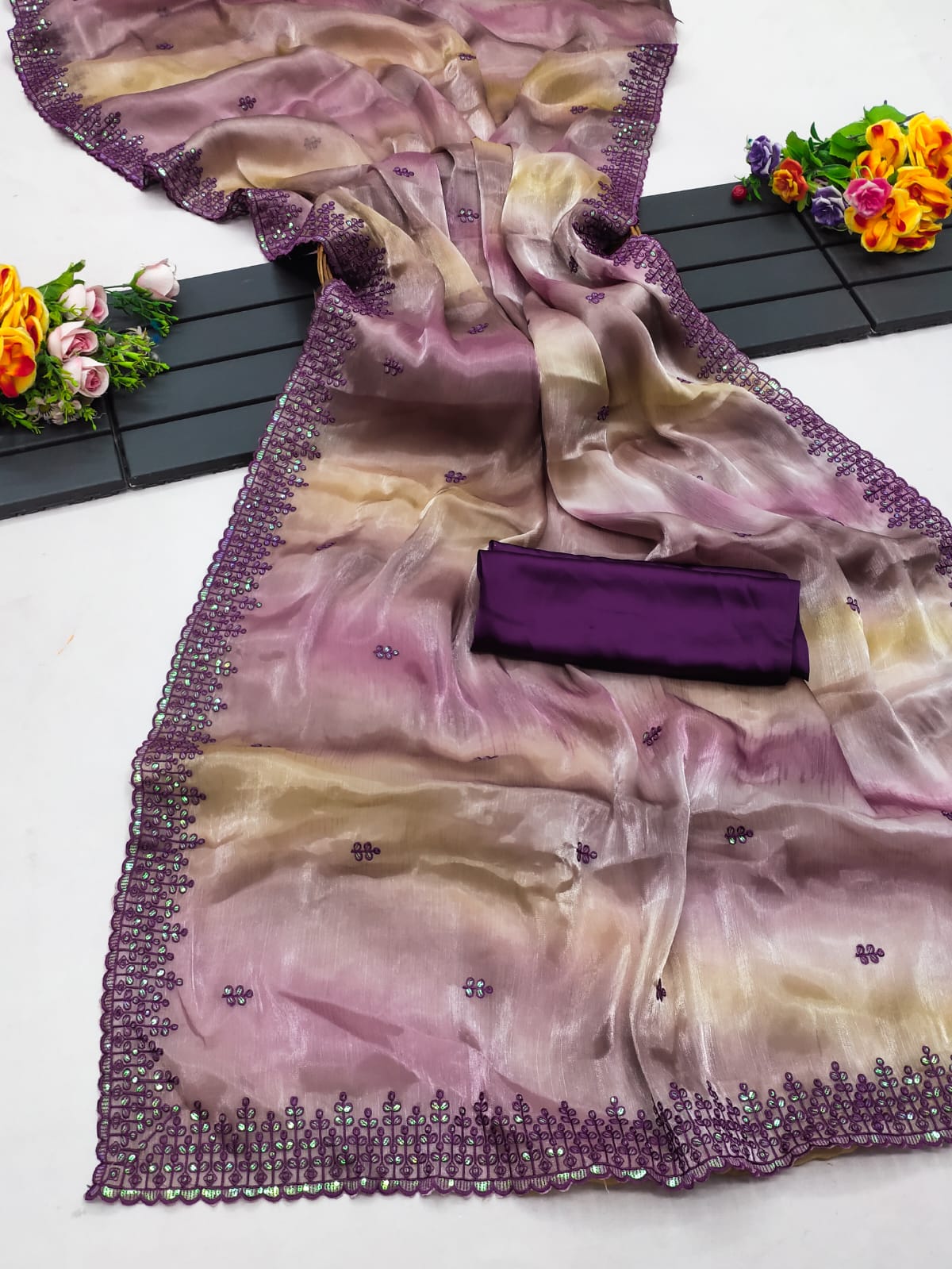 sequence and thread work purple saree