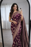 Wine Banarasi Silk Zari Saree Styled by Shruti