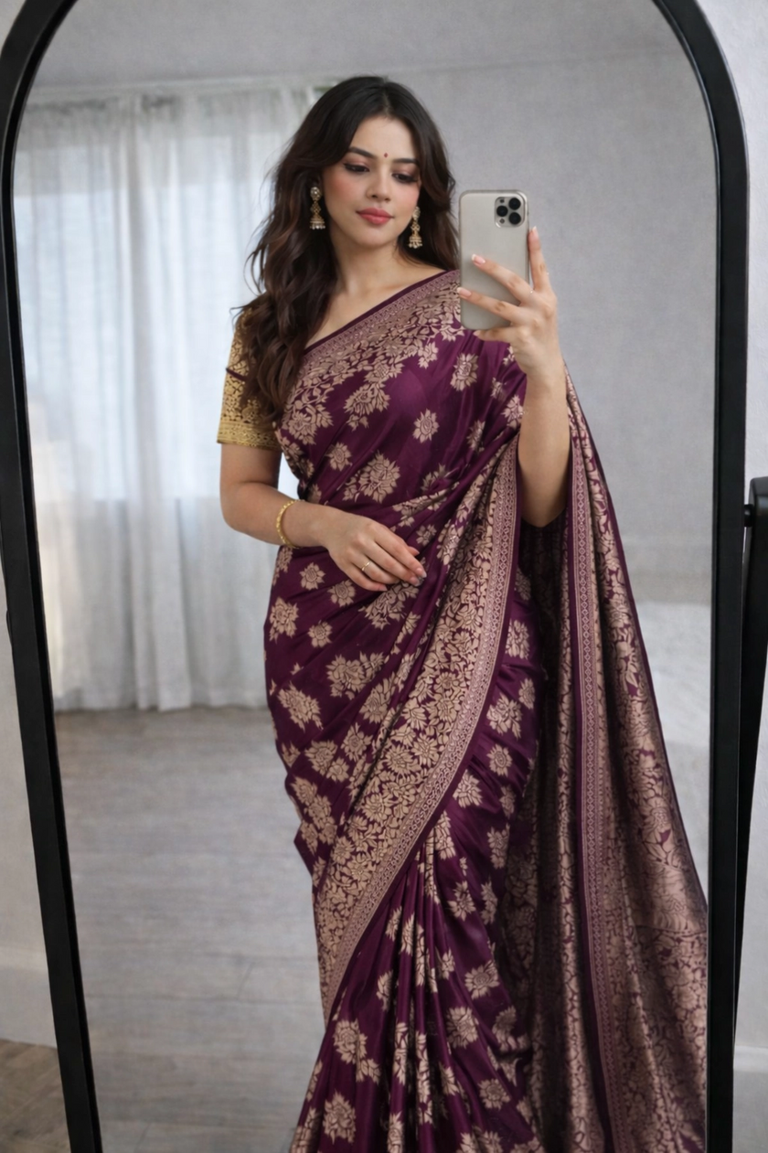 Wine Banarasi Silk Zari Saree Styled by Shruti