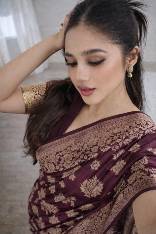 Wine Banarasi Silk Zari Saree Styled by Shruti