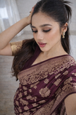 Wine Banarasi Silk Zari Saree Styled by Shruti