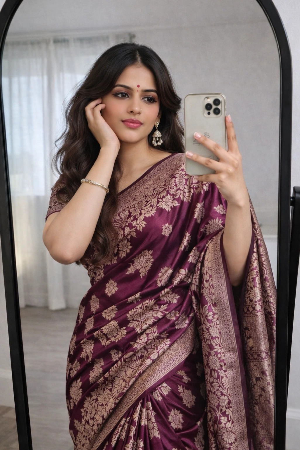 Wine Banarasi Silk Zari Saree Styled by Shruti