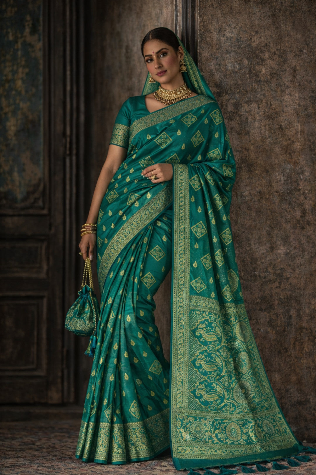 Teal Green Pure Banarasi Silk Saree