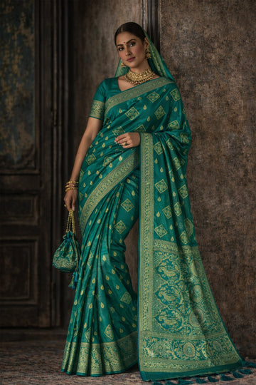 Teal Green Pure Banarasi Silk Saree