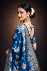 Teal Blue Banarasi Silk Gold Zari work Saree