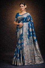 Teal Blue Banarasi Silk Gold Zari work Saree