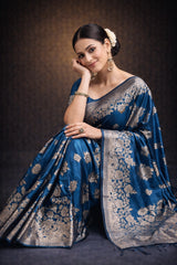 Teal Blue Banarasi Silk Gold Zari work Saree