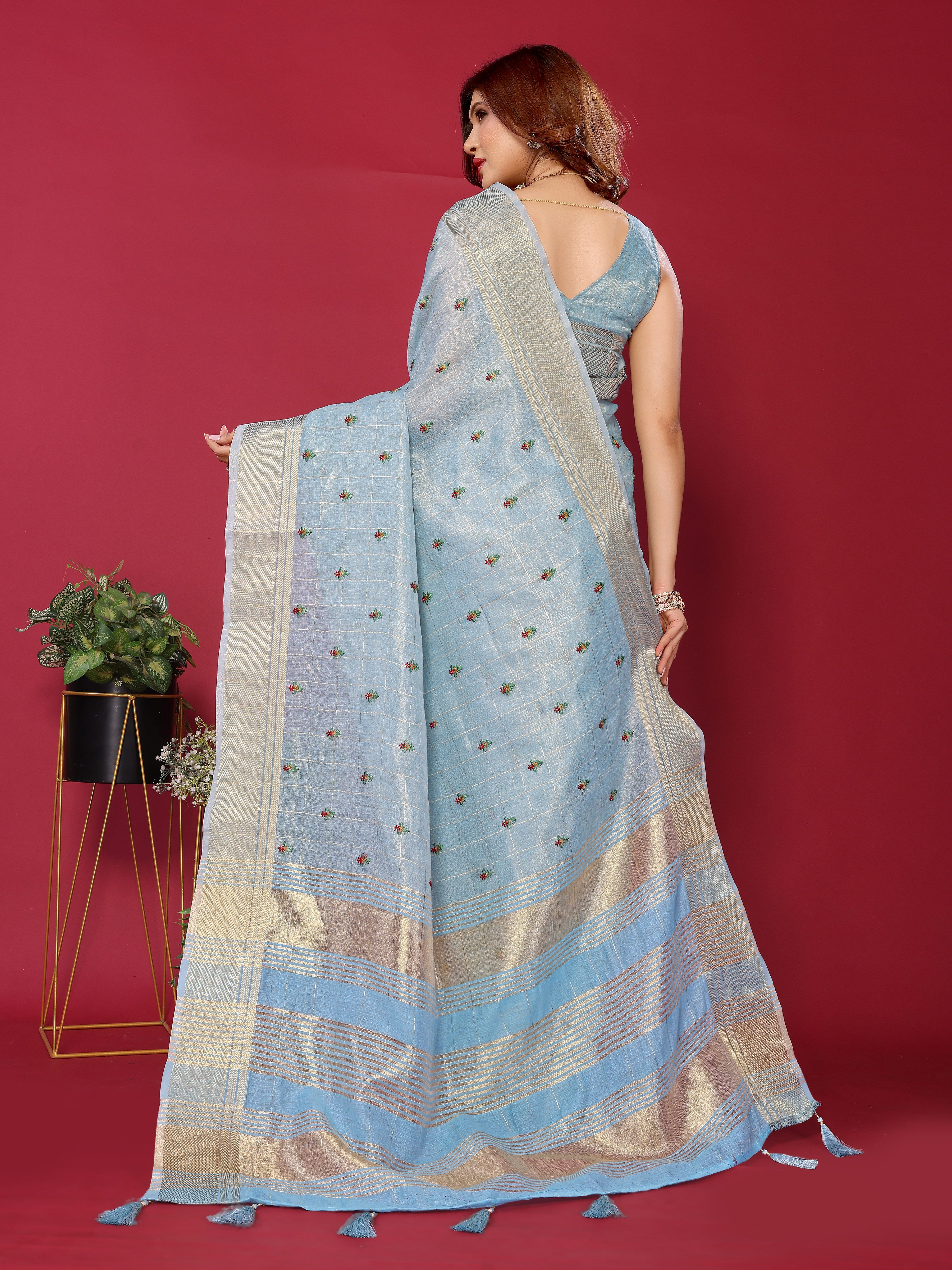 thread embroidery cotton silk saree blue