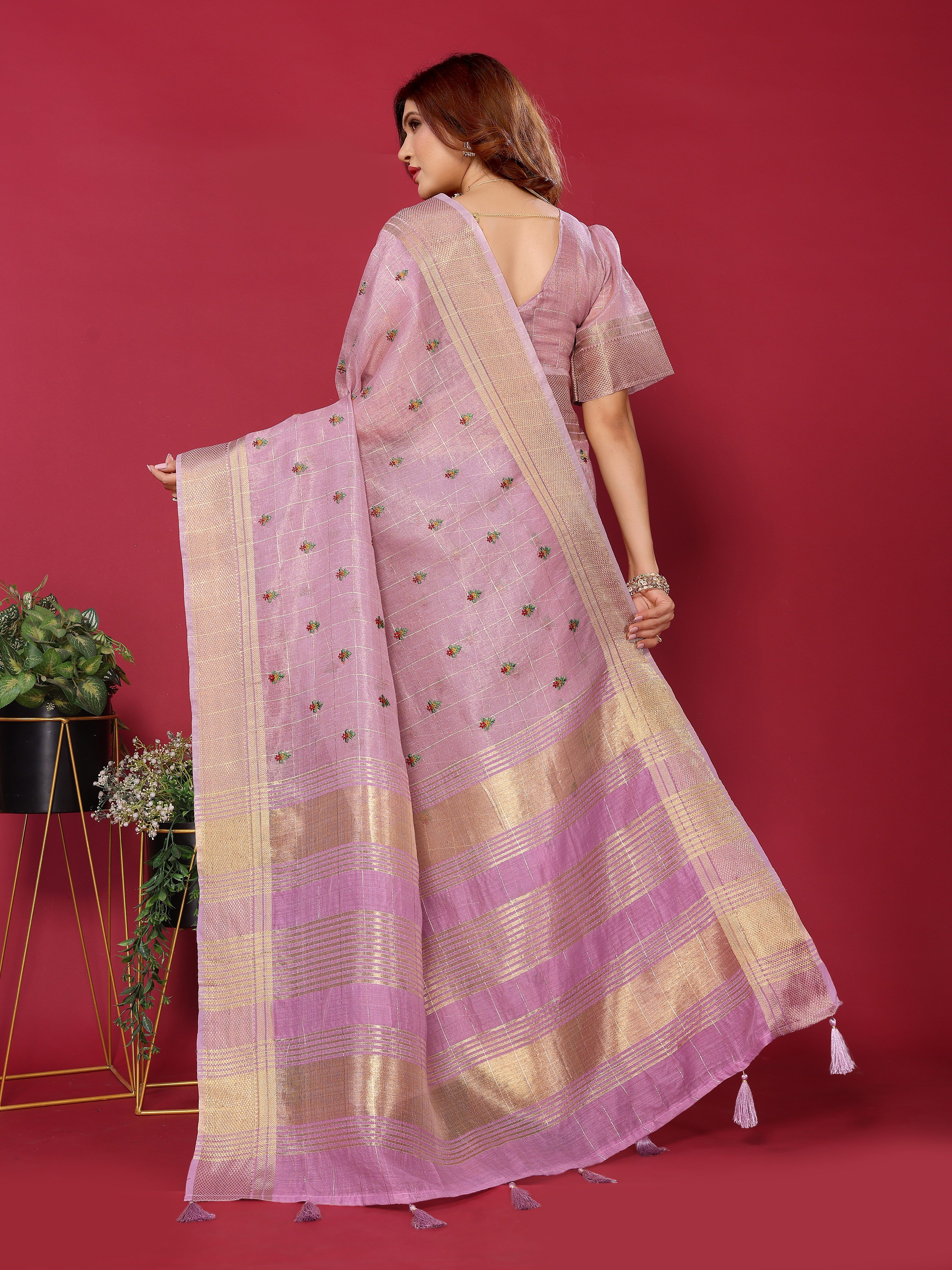 thread work cotton silk saree purple