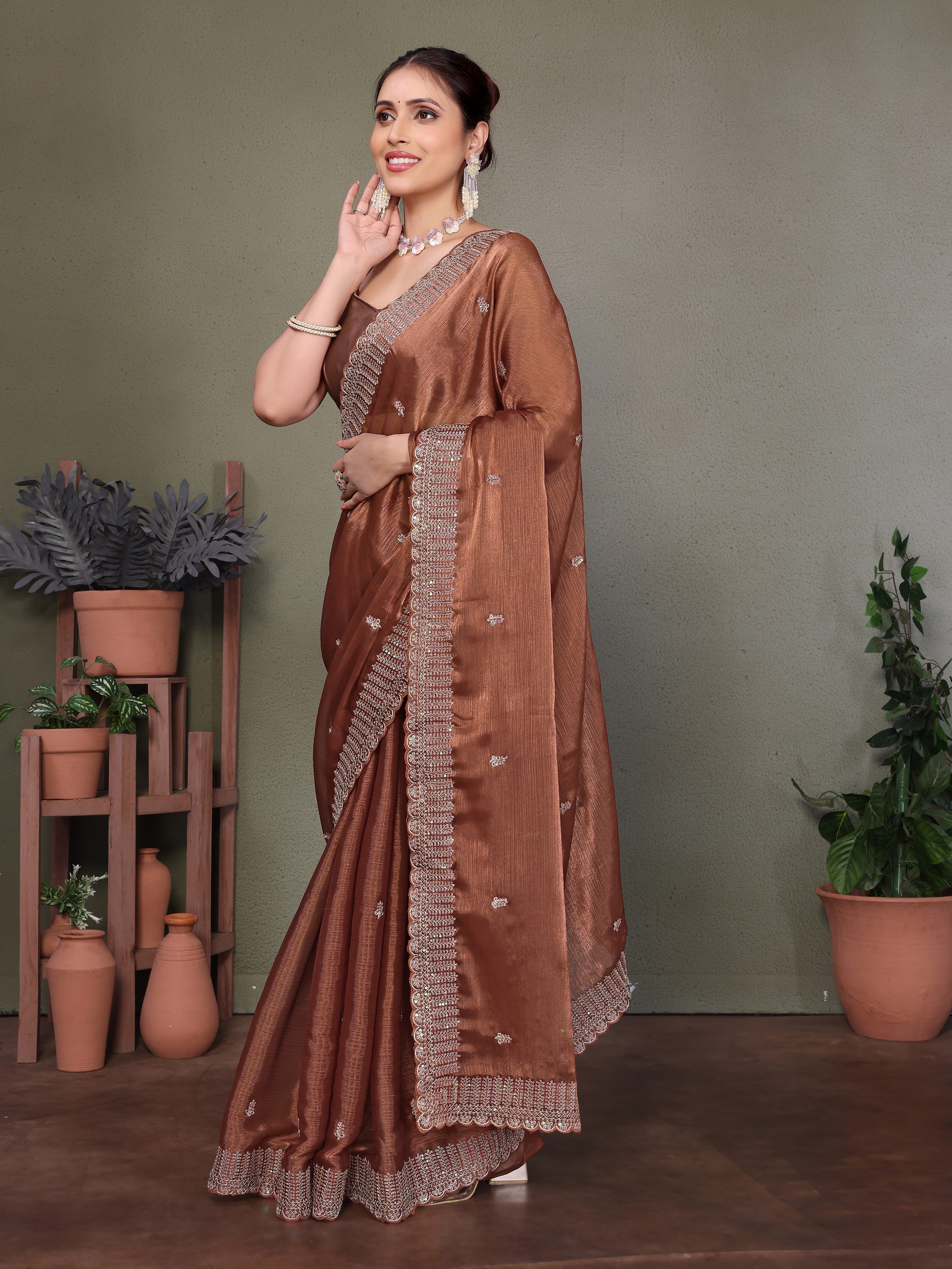traditional brown silk saree with zari border
