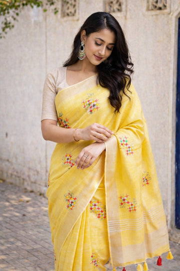 Simple Yellow Linen Summer Saree