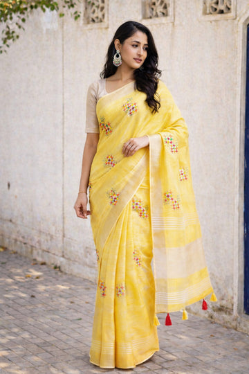 Simple Yellow Linen Summer Saree