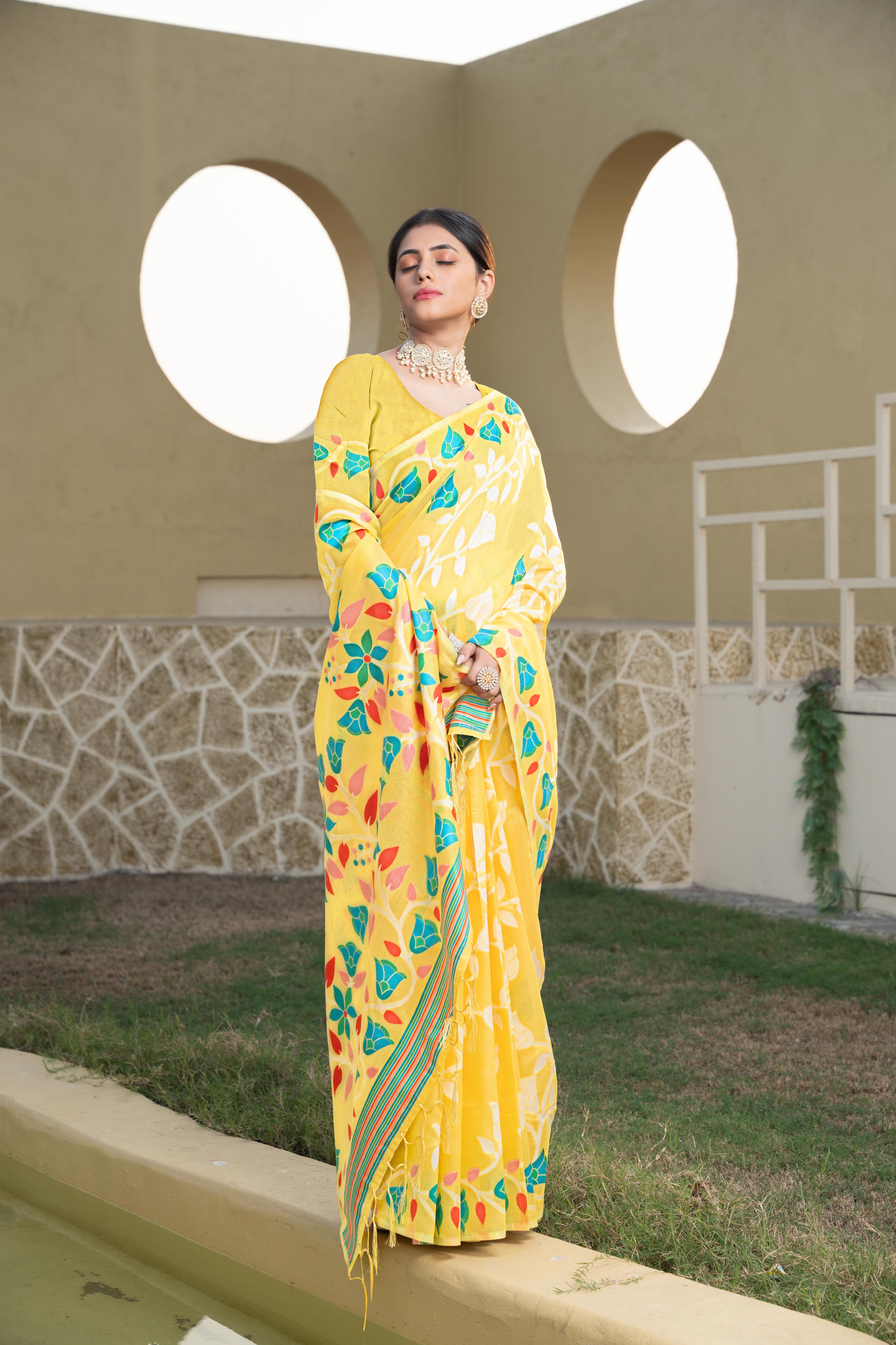yellow cotton saree with blouse