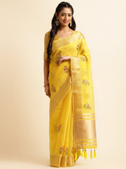 yellow cotton silk floral embroidery saree for diwali
