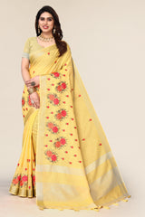 yellow cotton silk saree with zari pallu